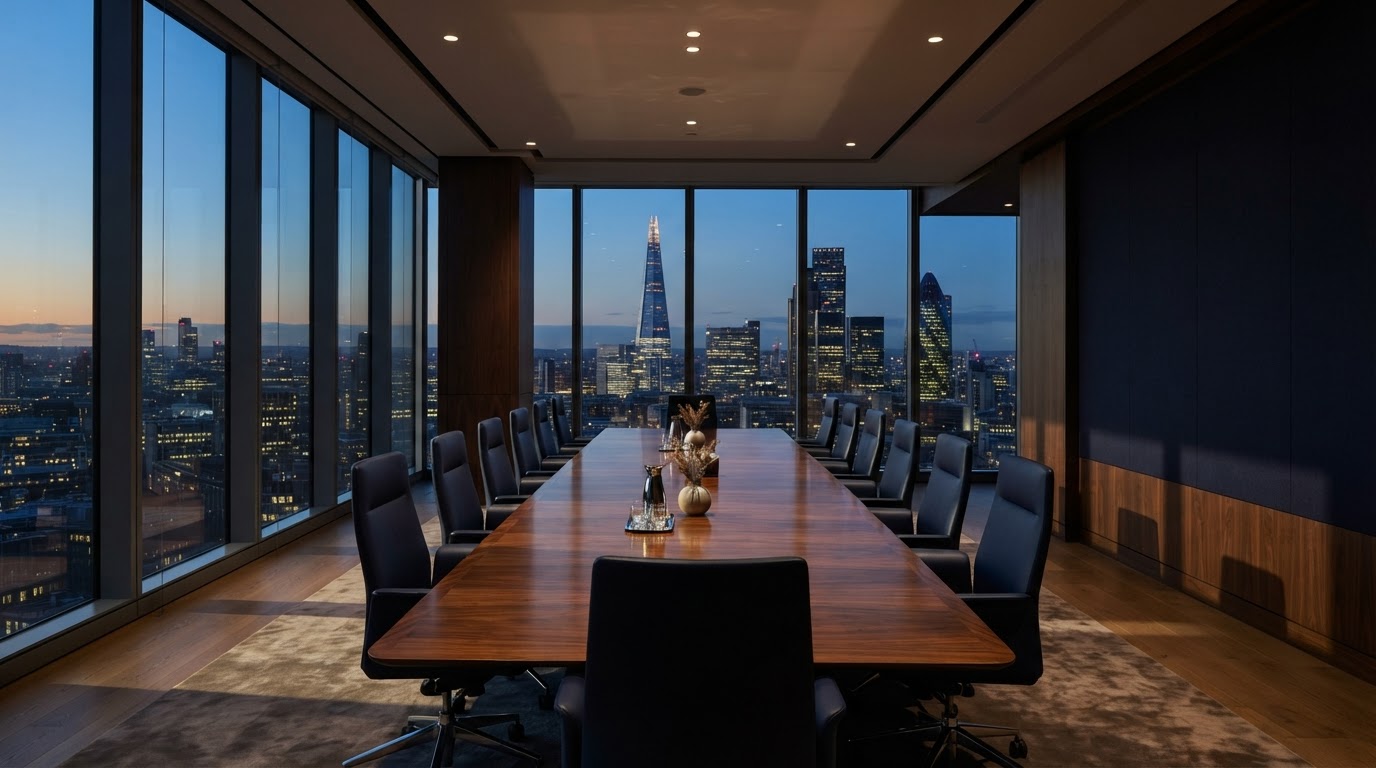 Corporate boardroom with city view