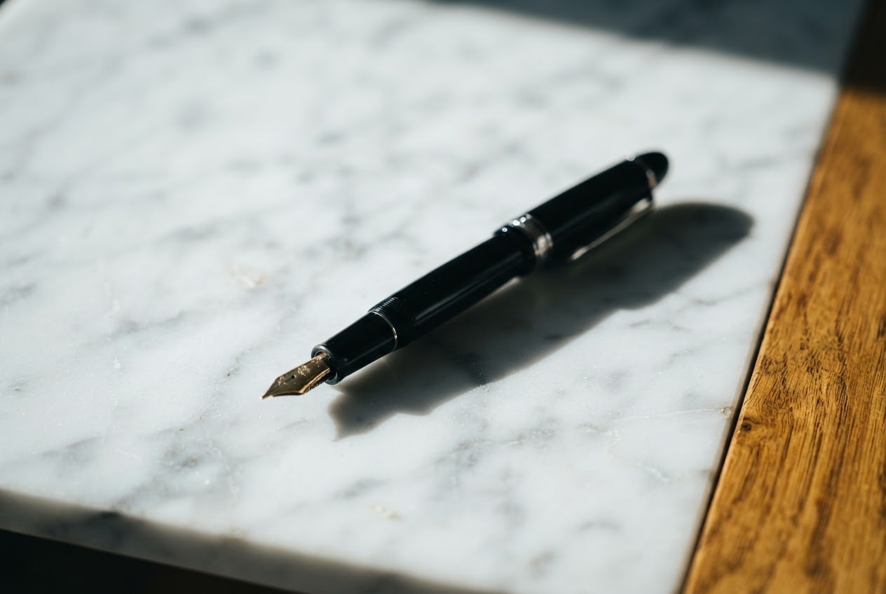 Polished marble surface with fountain pen